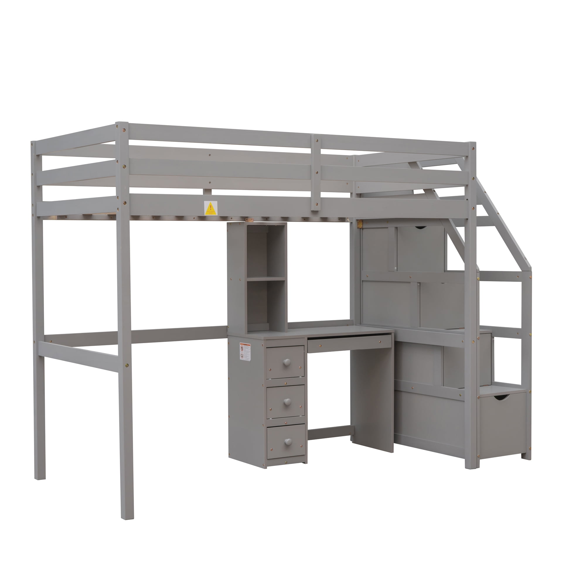 Euroco Wood Twin Size Bunk Loft Bed with Desk, Drawers and Shelf for Bedroom, Gray
