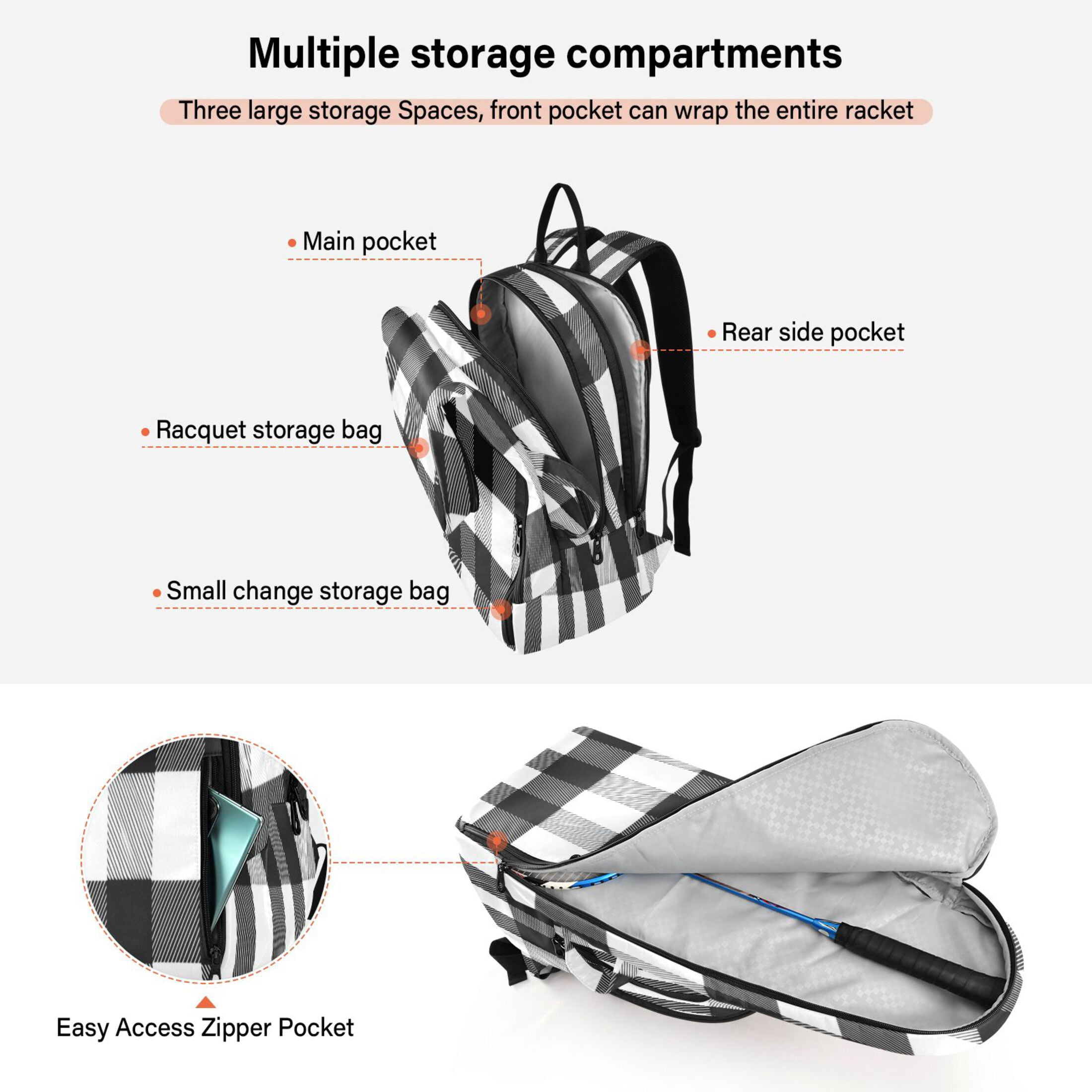 2 Racquet Holder Tennis Backpack Tennis Racket Covers Gym Bags Black White Plaid Pattern