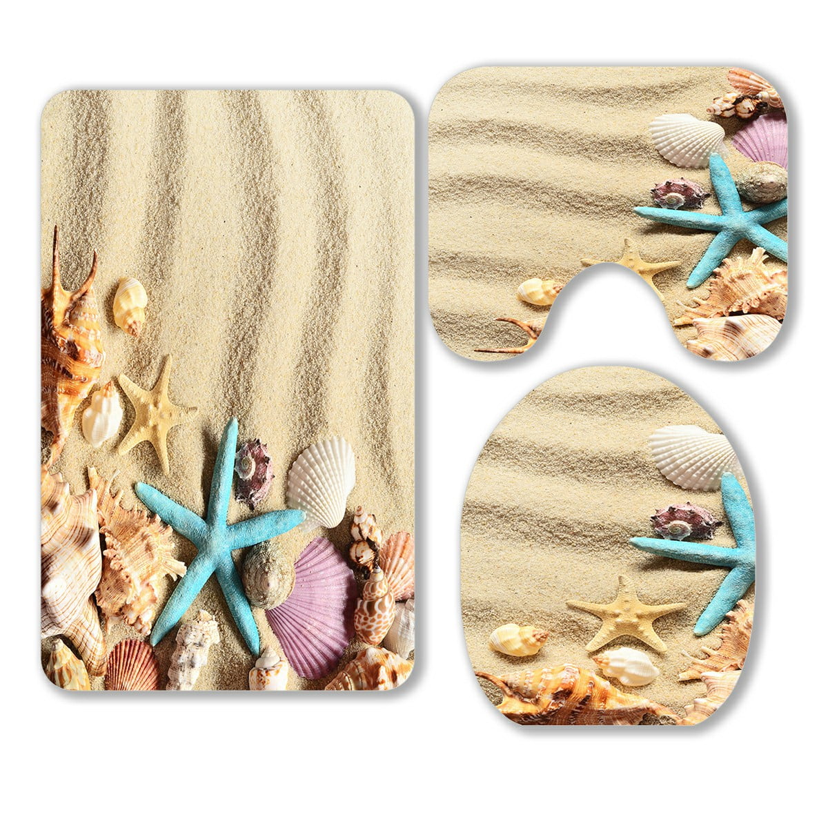 ABPHQTO Seashells Summer Sandy Beach 3 Piece Bathroom Rugs Set Bath Rug