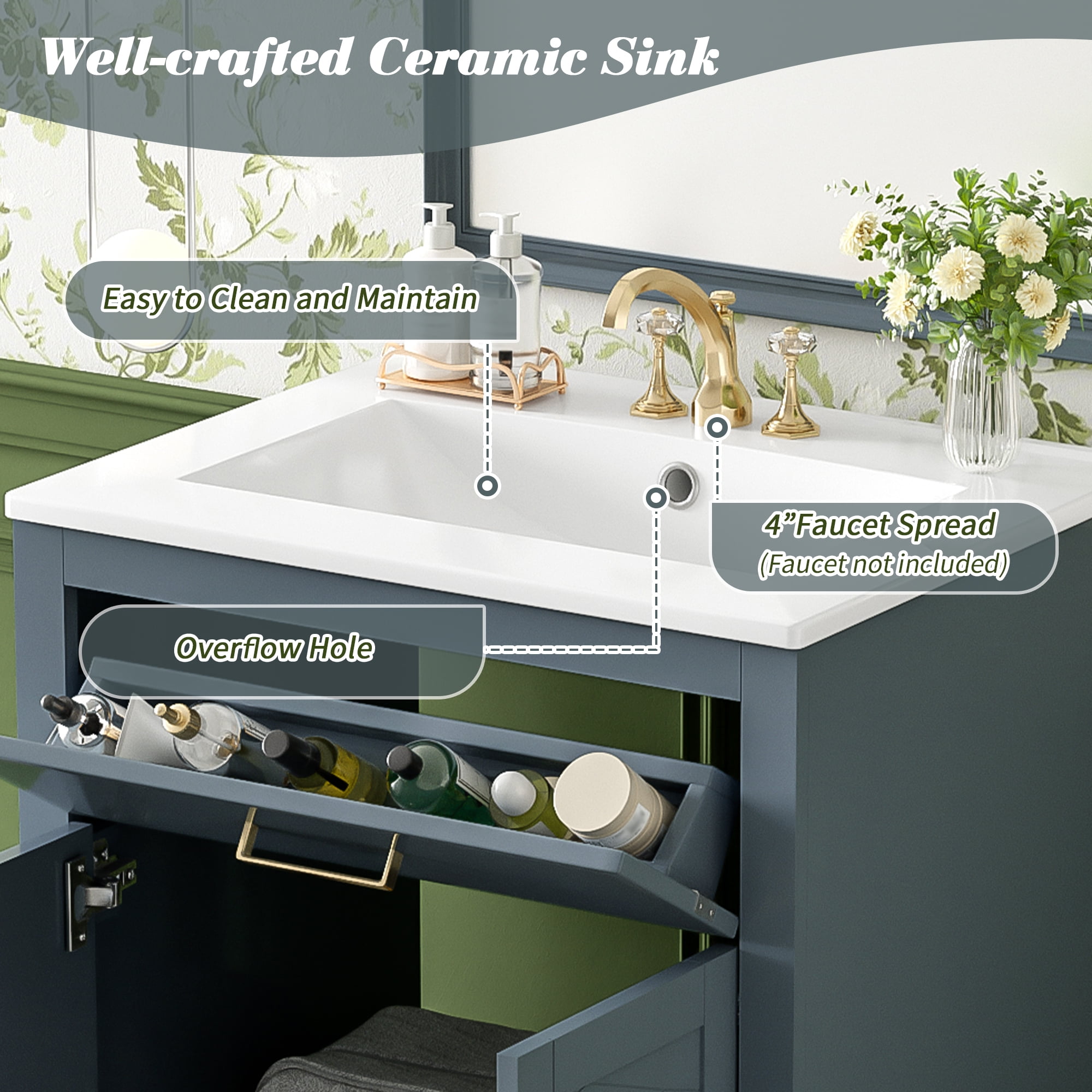 Euroco 24" Bathroom Vanity with Integrated Ceramic Sink, Bathroom Cabinet with 2 Doors, 1 Tip-out Drawer, Single Sink Bathroom Vanity for Small and Medium Restroom, Blue