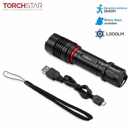 White Waterproof Flashlight - TORCHSTAR Rechargeable Flashlight, LED Flashlight, USB Work Flashlight, 1000lm Super Bright, Waterproof, 6000K Pure White, Zoomable for Camping, Mechanical Work, Father's Day
