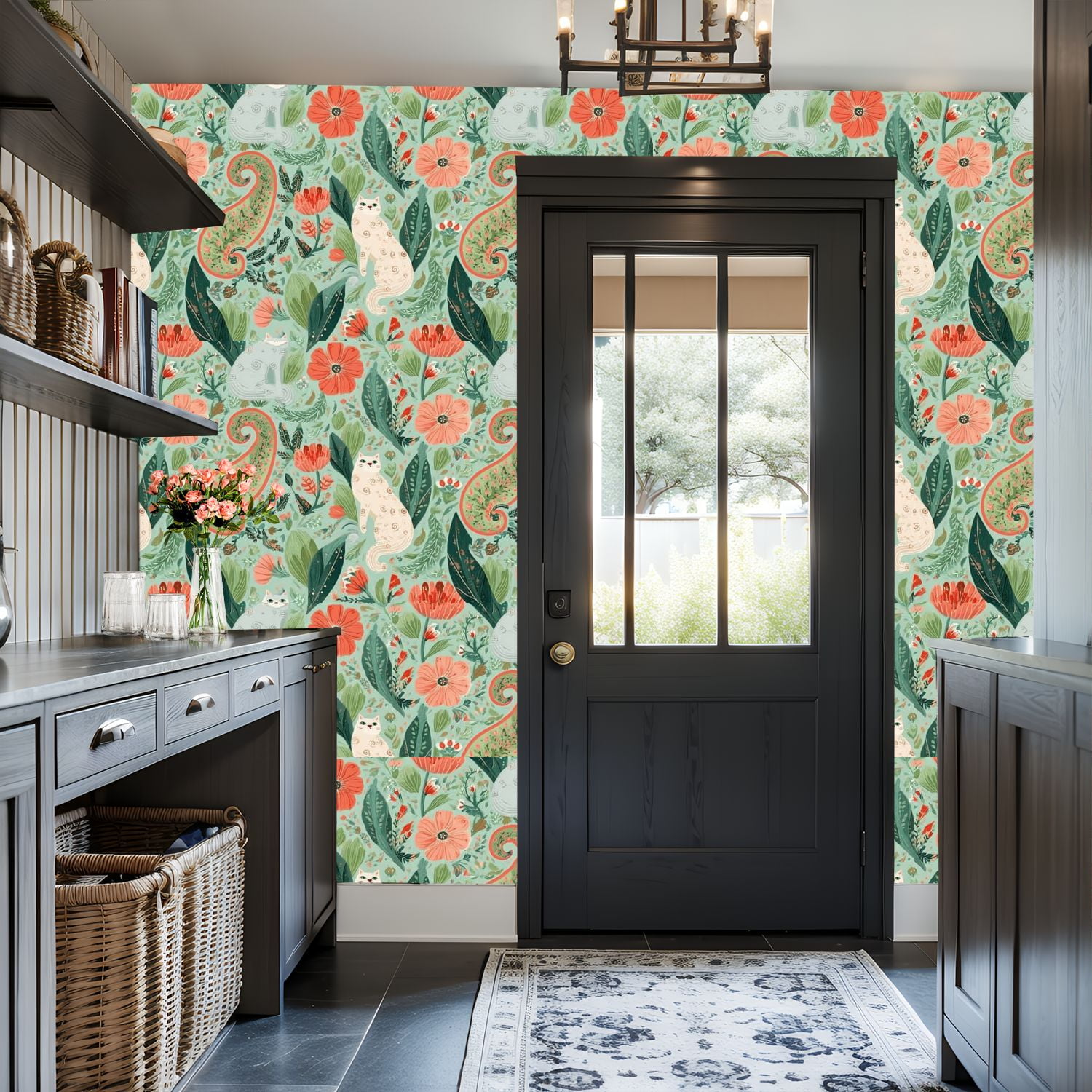 Paisley Peel and Stick Wallpaper 17.7in x 9.8ft Whimsical Cats Floral Botanical Teal Coral Tones Contact Paper Vinyl Waterproof Self Adhesive Wall Paper for Bedroom Shelf Cabinet Renter Friendly