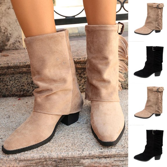 Mid Calf Boots For Women Chunky Heel Almond Toe Thick Sole Winter Boots Comfortable Versatile Dressy Shoes for Walking Casual Work Daily Wear