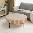 thumbnail image 2 of 36 Inch Modern Handcrafted Round Coffee Table, Oak White Wood Top with Grooved Edges, Black Iron Legs- Saltoro Sherpi, 2 of 7