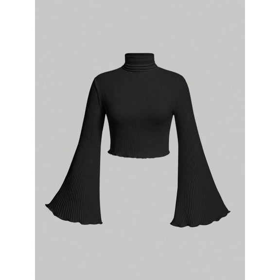 Women's Long Sleeve Turtleneck Bell Sleeve Crop Blouse