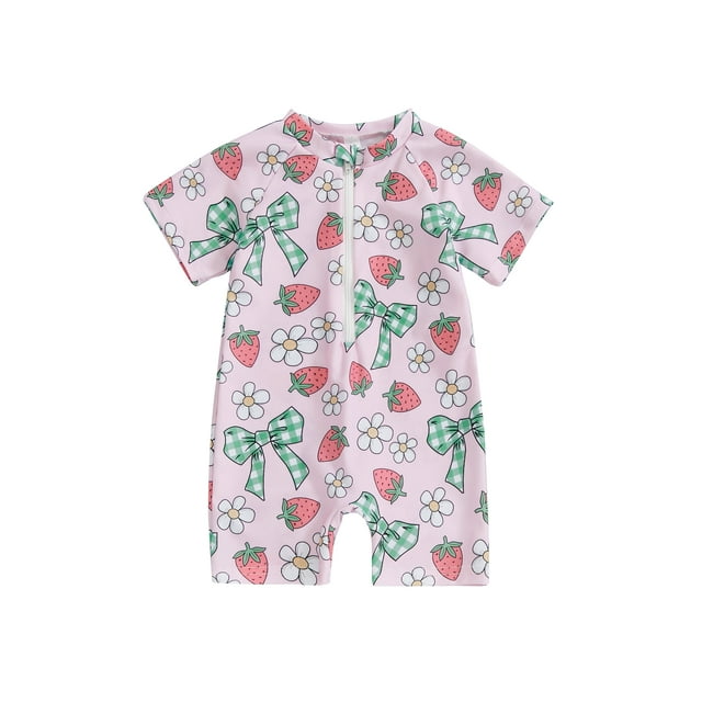 Argulvti Toddler Girl Rash Guard Swimsuit Cherry/Bow Print Zipper Short Sleeve Zip Up Bathing Suit