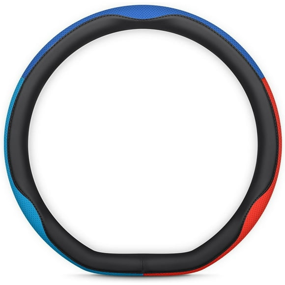 TRAHOO-Car Steering Wheel Cover - Three-Color Patchwork Design, Leather, 14.5-15 Inch - Perfect for Long Drives, Daily Commutes, Sedan, SUV, and Truck Drivers (D Shape-Blue-Blue-Red)