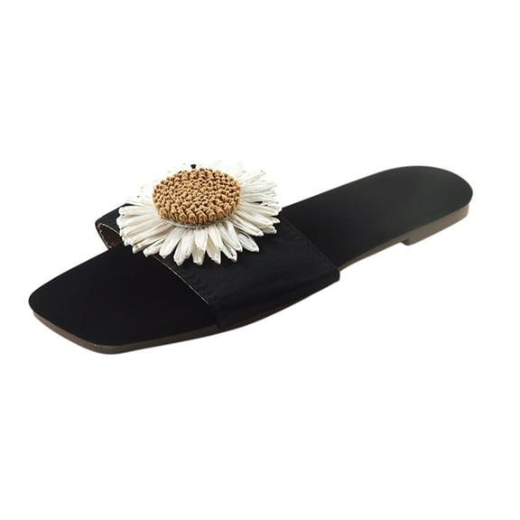Anuirheih Slip on Sandals Women,Women Beach Breathable Flowers Sandals Home Slipper Flip-Flops Flat Shoes(Black)