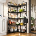 thumbnail image 2 of Aiho 5-Tier Corner Bookshelf, 65" H Industrial Reversible Bookcase w/ 4 Hooks, 1 Storage Basket, Sturdy Metal Frame, Adjustable Feet – Living Room/Kitchen/Office, Black, 2 of 11