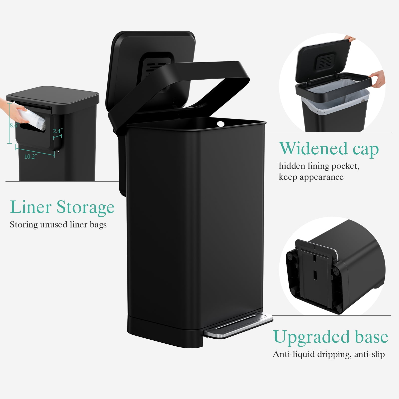 Pirecart 13.2 Gal Large Capacity Stainless Steel Trash Can, Soft Lid Pedal Rubbish Bin with Built-In Deodorizer Box, 15 Inner Bags and Rear Trash Bag Storage Compartment, Black