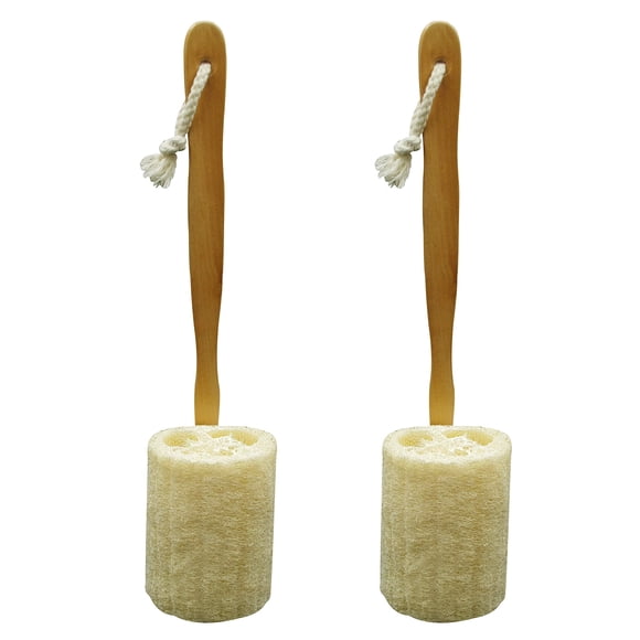 Esponja exfoliante natural Luffa Loofa para espalda con mango largo de madera, soporte para palo, ducha corporal, baño, spa, paquete de 2