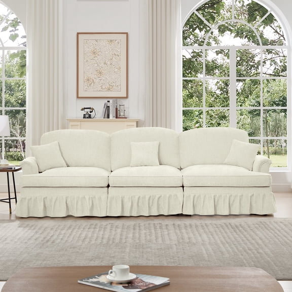 Newest Elegant Large 3 Seater Sofa Couch,Flared Arms,Removable Ruffles Pleats Skirts,Spindle Legs, Comfy Chenille Three-Seat Sofa for Living Room, Beige White