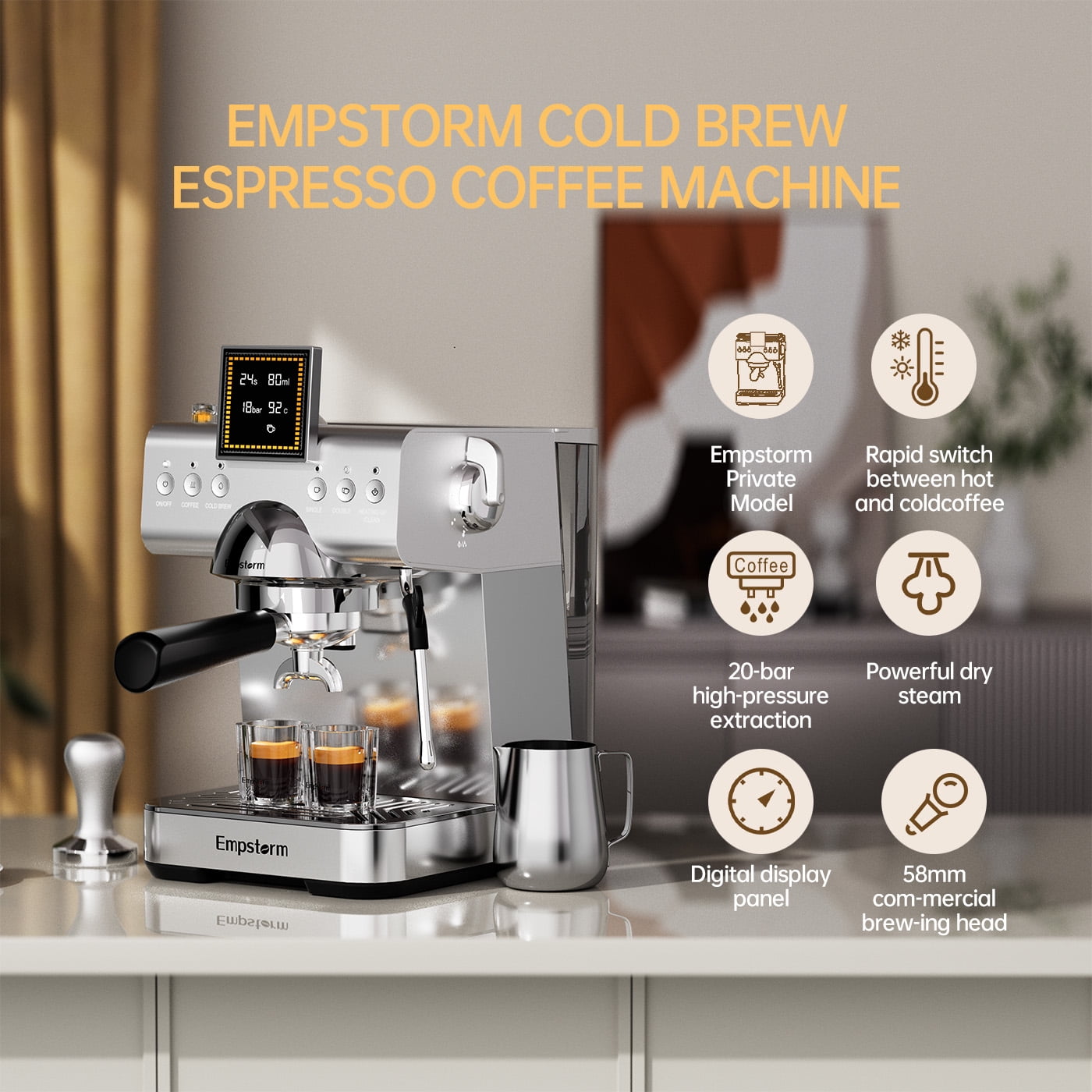 Empstorm Espresso Machine 20 Bar Steel Espresso Machines with Milk Frother, Cold & Hot Brew for Cappuccino/Latte/Ice Coffee, Home/Office/Cafe - CB2