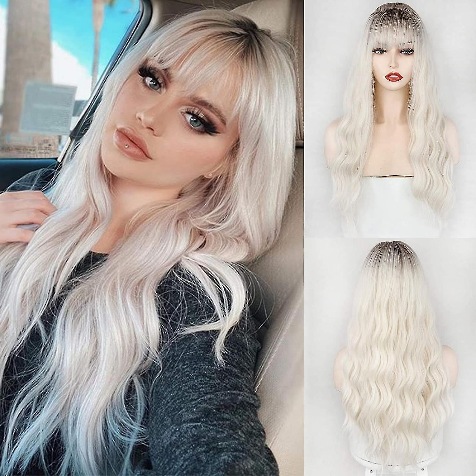 Platinum Blonde Wig With Bangs,synthetic Long Platinum Wig Dark