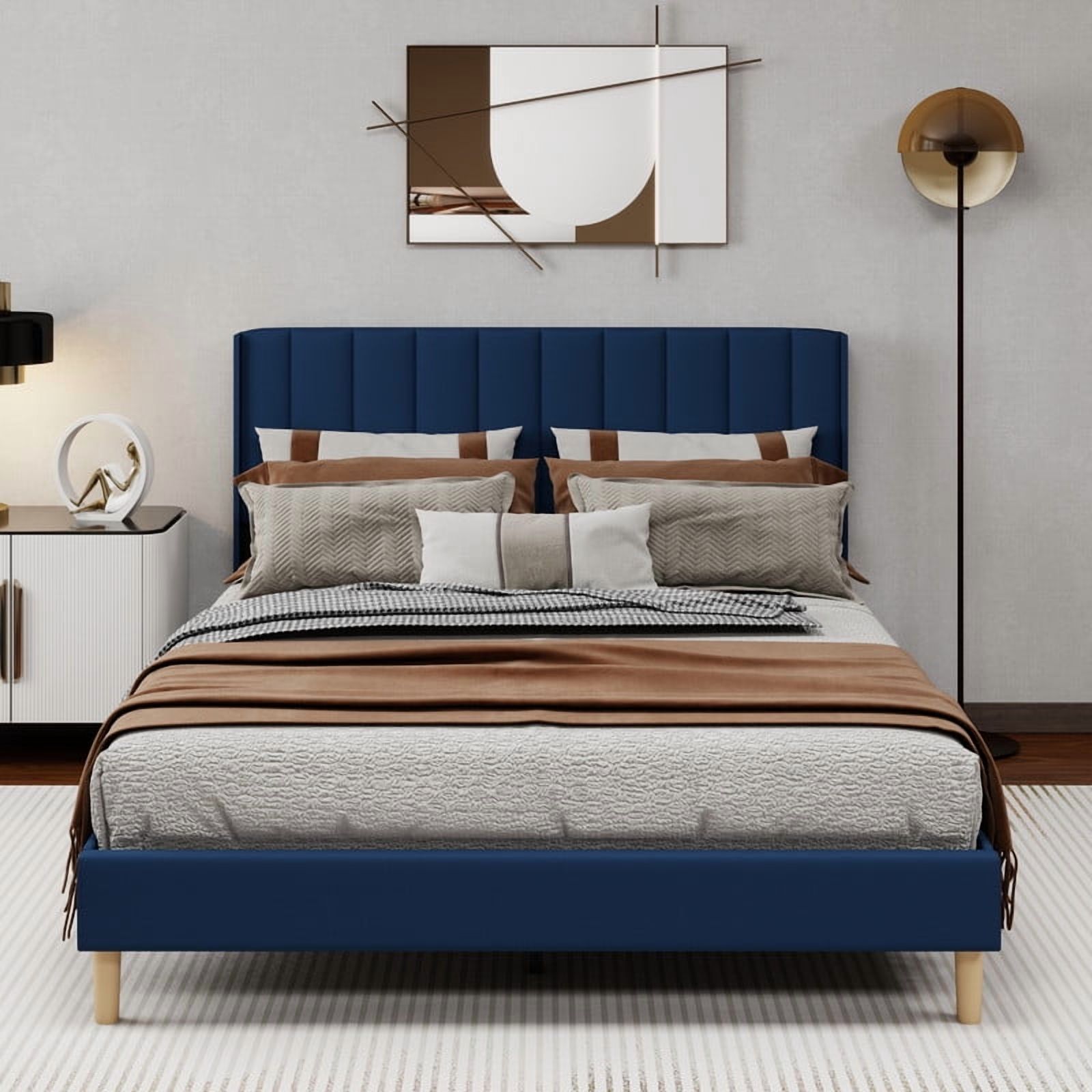 Caxkun Upholstered Platform Queen Size Bed Frame with Wingback headboard Wooden Slats Support,Blue Velvet