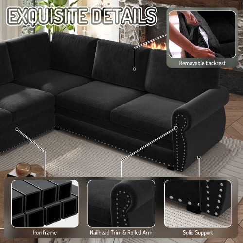 118" L-Shaped Sectional Sleeper Sofa with King Size Pull-Out Bed, Chenille Upholstered, Nailhead Trim & Rolled Arms, Black