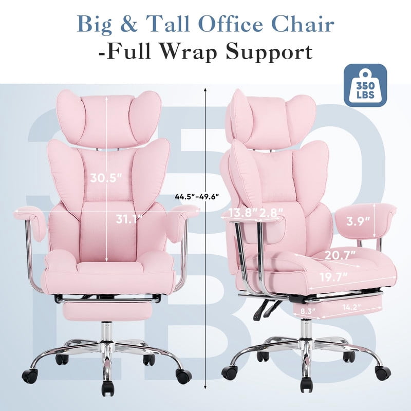 Simple Deluxe 350lbs Executive Heavy Duty Office Chair for Big & Tall, PU Leather Ergonomic Reclining Desk Chair with Footrest, Pocket Spring Cushion, Pink