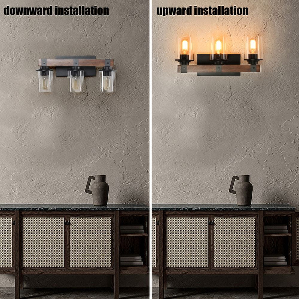 ACE-LIGHTS,3-Lights Farmhouse Rustic Bathroom Light Fixture with Glass Lampshade(Bulbs Not Included),Vanity Lights Fixture for Bathroom,Dressing Room,Bedroom,Living Room(Black)
