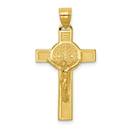 14k Yellow Gold San Benito 2 Sided Crucifix Cross Religious Pendant Charm Necklace Patron Saint Medal St Benedict