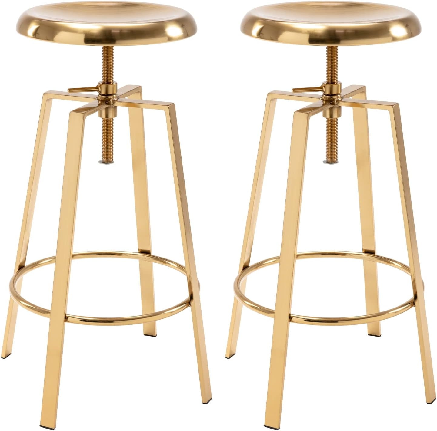 Industrial Bar Stools Set of 2, Metal Adjustable Swivel Four Legged Round Barstools, Atlas Backless Counter Height Bar Chairs for Kitchen Dining, Gold