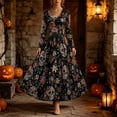 thumbnail image 2 of 2026 Halloween Women Vintage Flared Dress, V Neck Long Sleeve Gothic Floral Print A Line Dress for Holiday Gathering, 2 of 5
