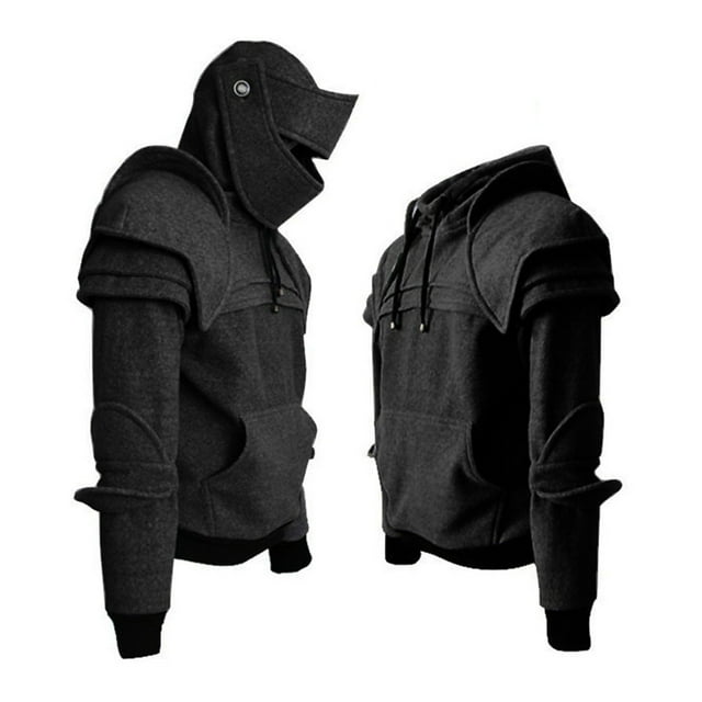 Men Halloween Hoodie with Hood Knight Drawstring Patch Pocket Ruched Elastic Cuff Long Sleeves Warrior Medieval Costume