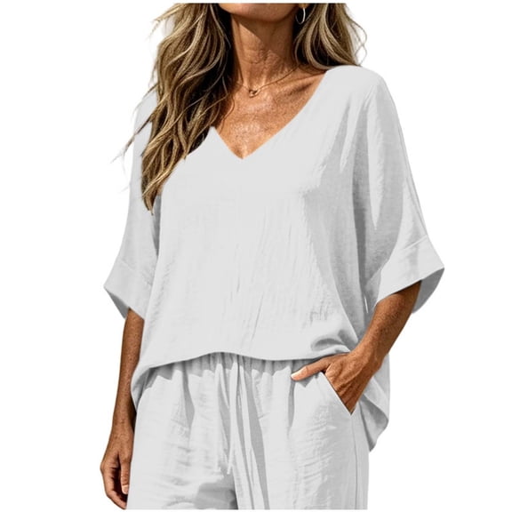 CYMMPU Women's Summer Linen Blend 2-Piece Outfit, V-Neck 3/4 Sleeve Top with Drawstring Pants, Casual Loungewear Set White XL