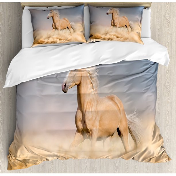 Horses Duvet Cover Set, Palomino Horse in Sand Desert with Long Blond