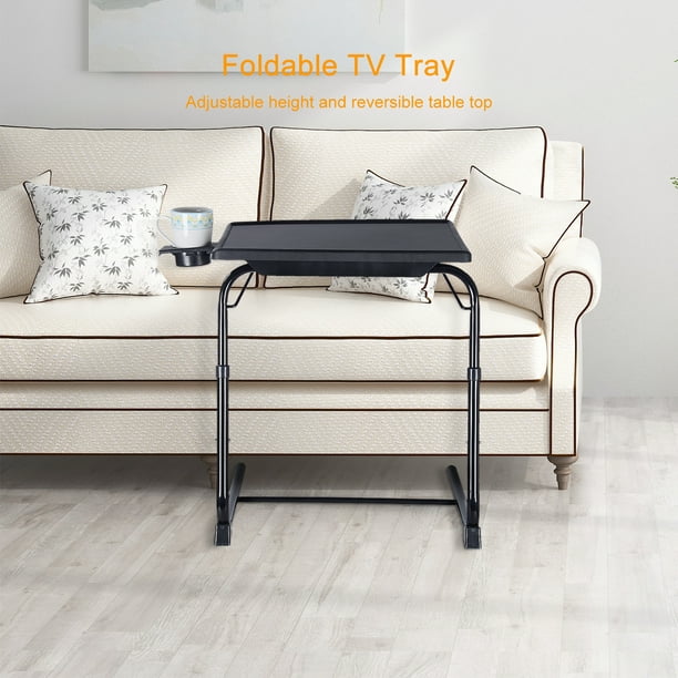 Table de plateau TV pliable multifonction sur lit et canapé avec  porte-gobelet, pieds réglables et 3 angles d'inclinaison 