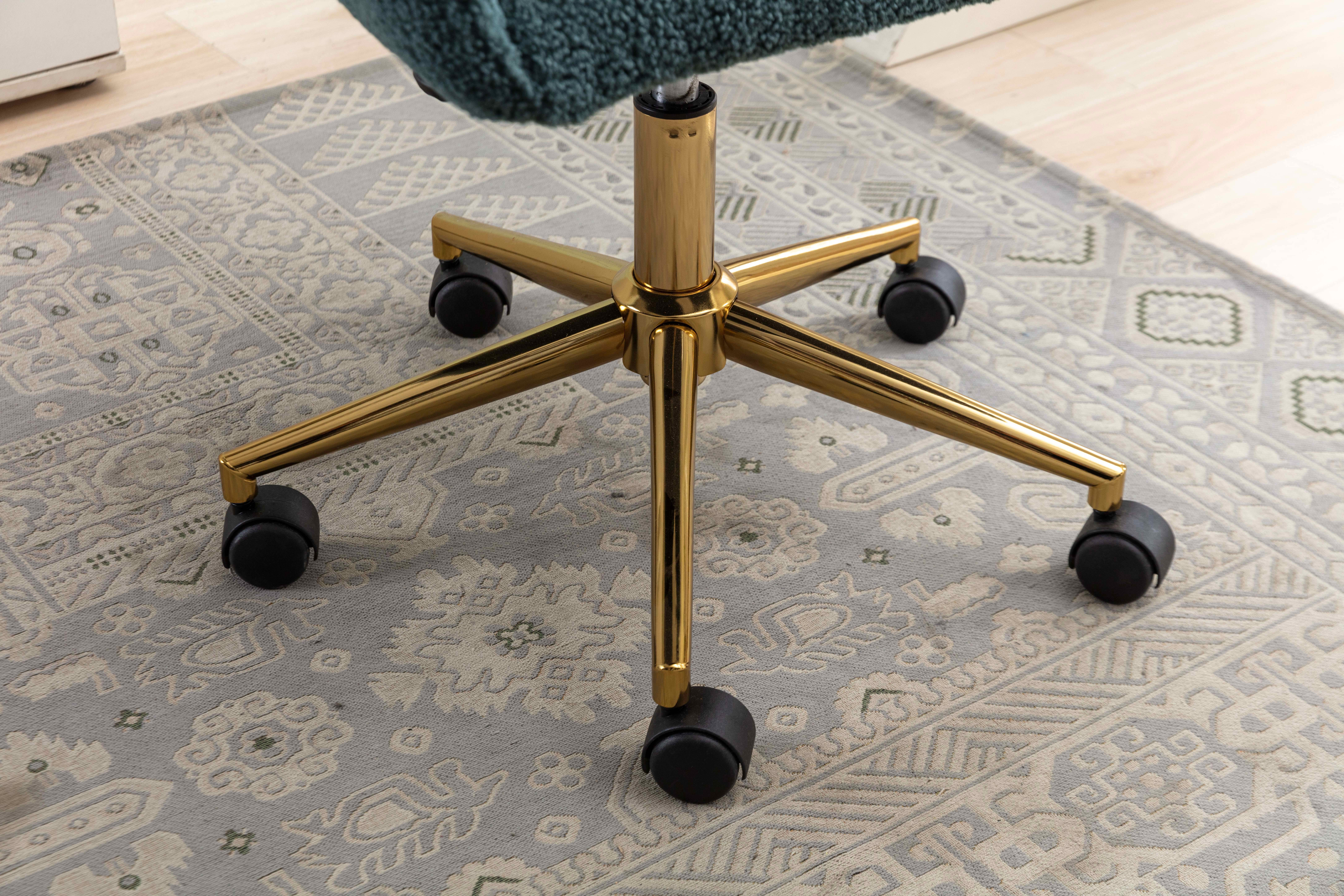 MAYEERTY Modern Teddy Fabric Office Chair, Adjustable Height 360° Revolving with Gold Metal Legs & Universal Wheels, for Indoor Home Office, Green