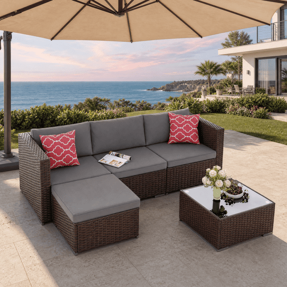Asofer 5 PCS Outdoor Sectional Sofa Set PE Wicker Rattan Patio Furniture Set with a Glass Coffee Table for Backyard Porch Poolside Patio,Gray