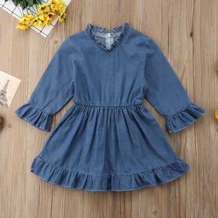 

Toddler Kids Baby Girls Ruffled Hem Long Sleeve Basic Pleated Denim Dress