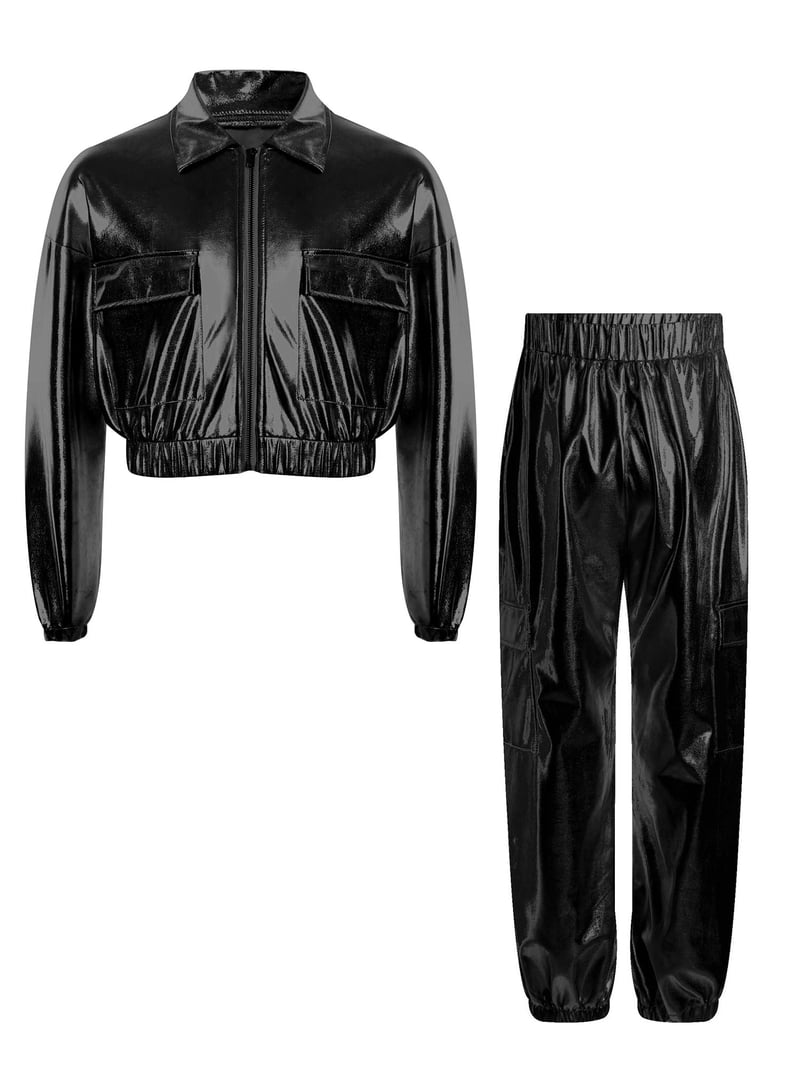 TSSOE Kids Girls 2Pcs Tracksuit Shiny Metallic Dance Outfits Hip