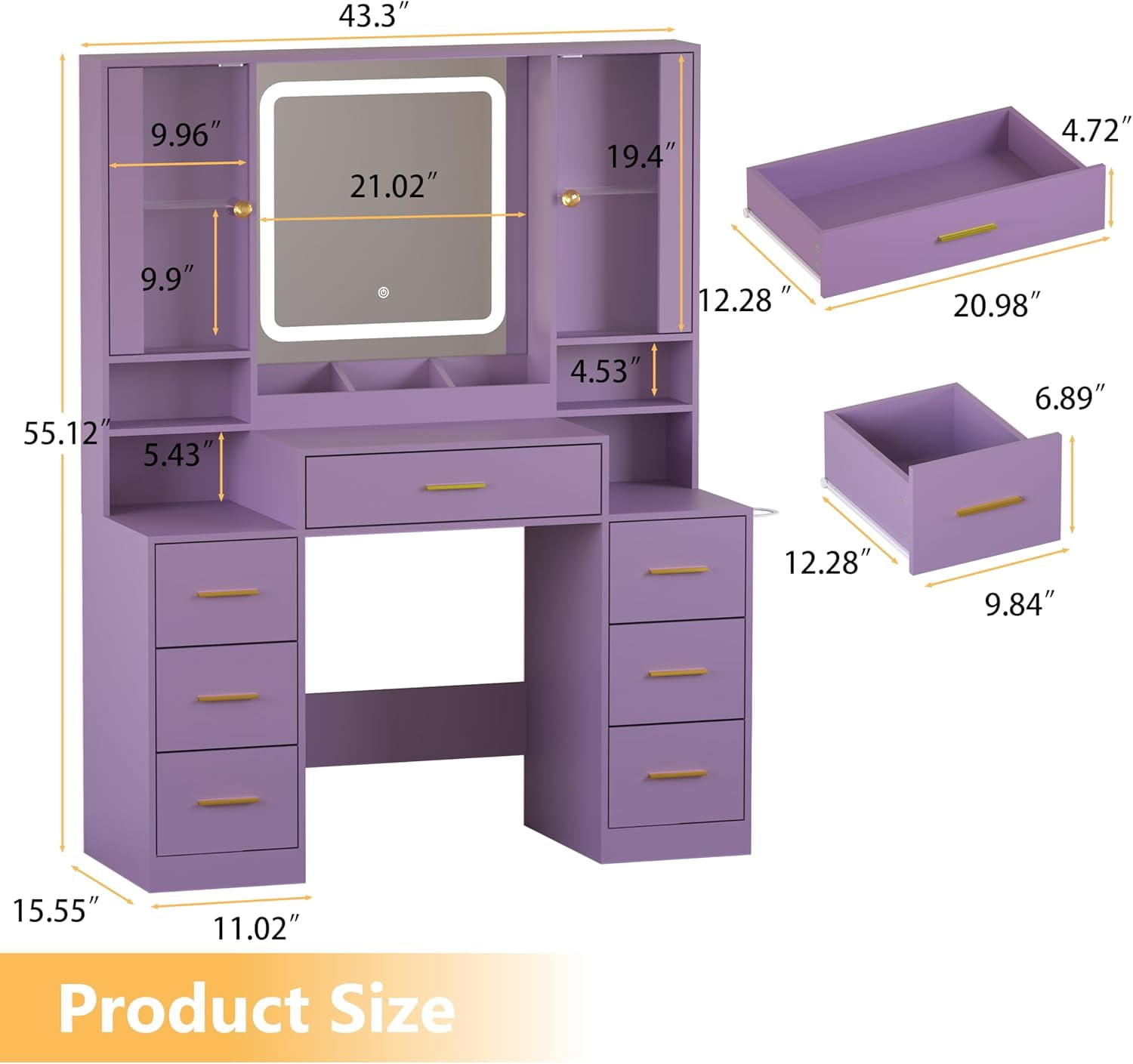 FANRAL Large Vanity Desk with LED Lighted Mirror & RGB Glass Cabinets,Built-in Charging Station & 7 Drawers,Modern Dressing Table for Bedroom Beauty Spaces,Purple Vanity