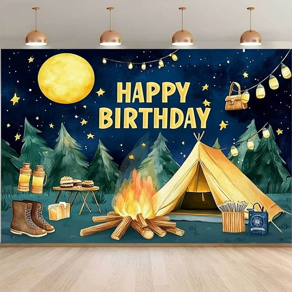 Camping Birthday Backdrop Campfire Happy Camper Birthday Photography Background Star Night Sky Forest Camping Adventure Birthday Party Decorations Banner Supplies Photo Booth Props