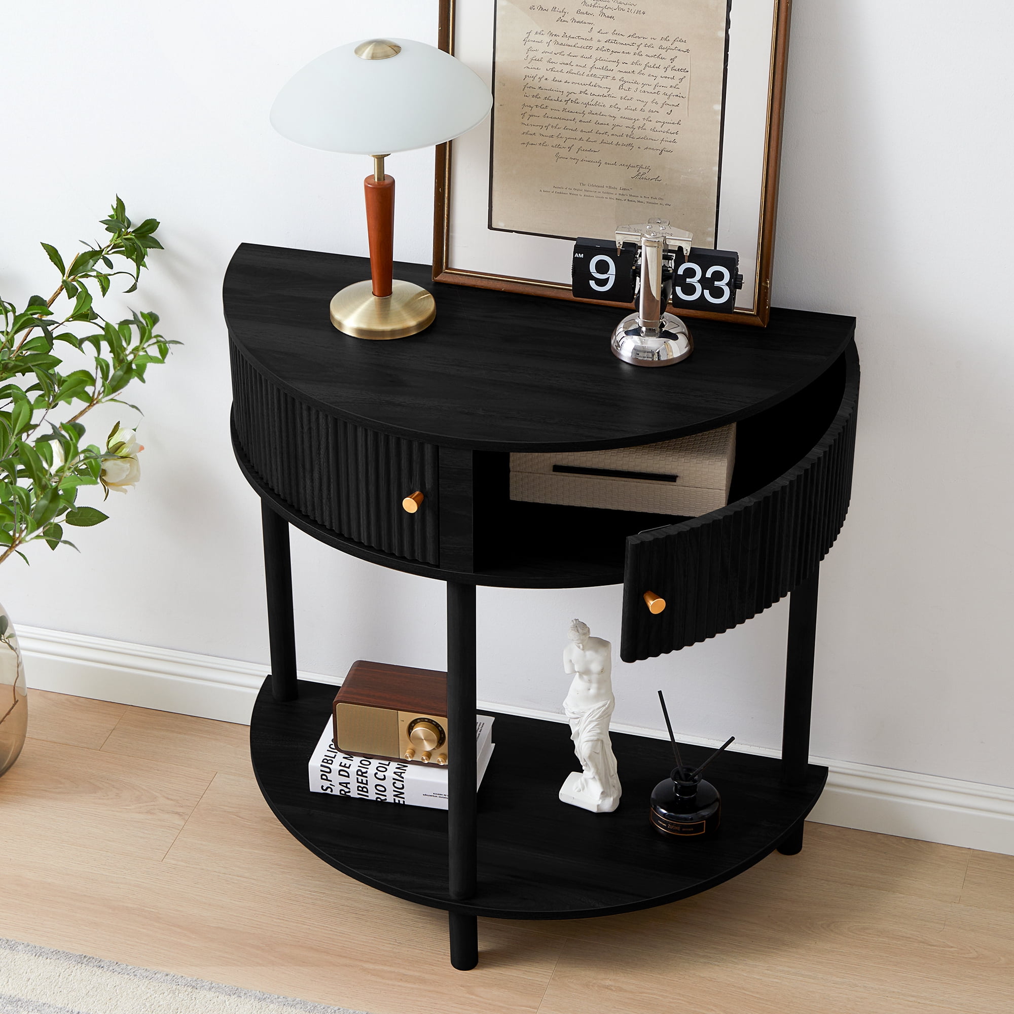 PHOYAL Fluted Half Moon Console Table with Drawers and Storage, Wooden Semi Circle End table with Shelf for Living Room, Half Round Side Table for Entryway Hallway, Black
