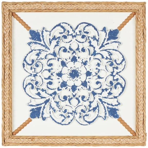 DecMode Blue Wood Relief Floral Wall Decor with Brown Woven Seagrass Frame and White Backing