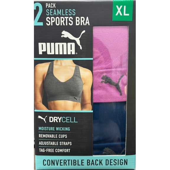 Puma Women's Convertible Seamless Sports Bra 2 Pack, Pink/Blue, XL