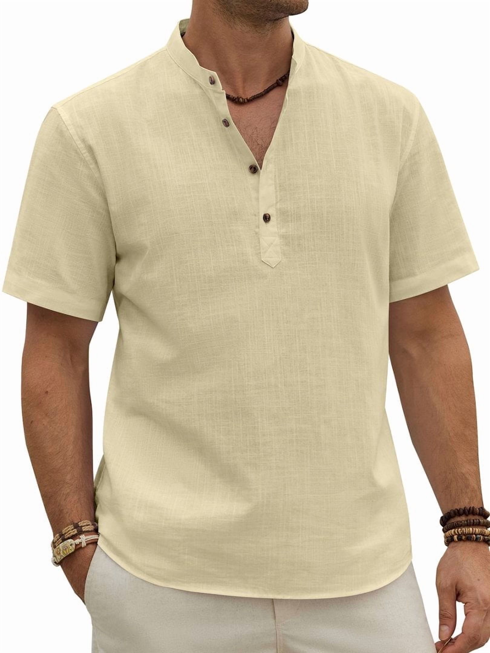 sogami Men's Henley Collar Button Up Short Sleeve Shirt Casual Linen Shirt