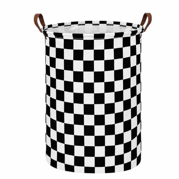 Round Laundry Basket Collapsible 19.7 x 15.7 Inch, Racing Flag Canvas Nursery Hamper for Boys, Kids