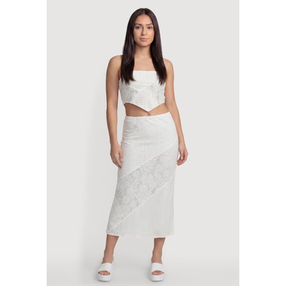 Women's Pointelle Knit Lace Patchwork Midi Skirt
