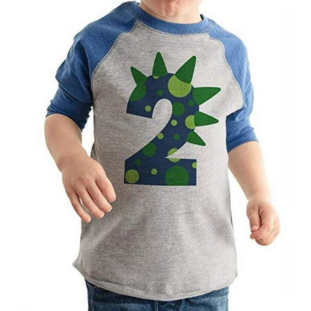 

7 ate 9 Apparel Boy s Two 2 Second 2nd Dinosaur Birthday Blue Raglan Tee