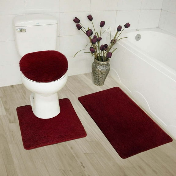 3PC STONE BURGUNDY BANDED BATHROOM SET BATH MAT COUNTOUR RUG LID COVER PLAIN SOLID COLORS