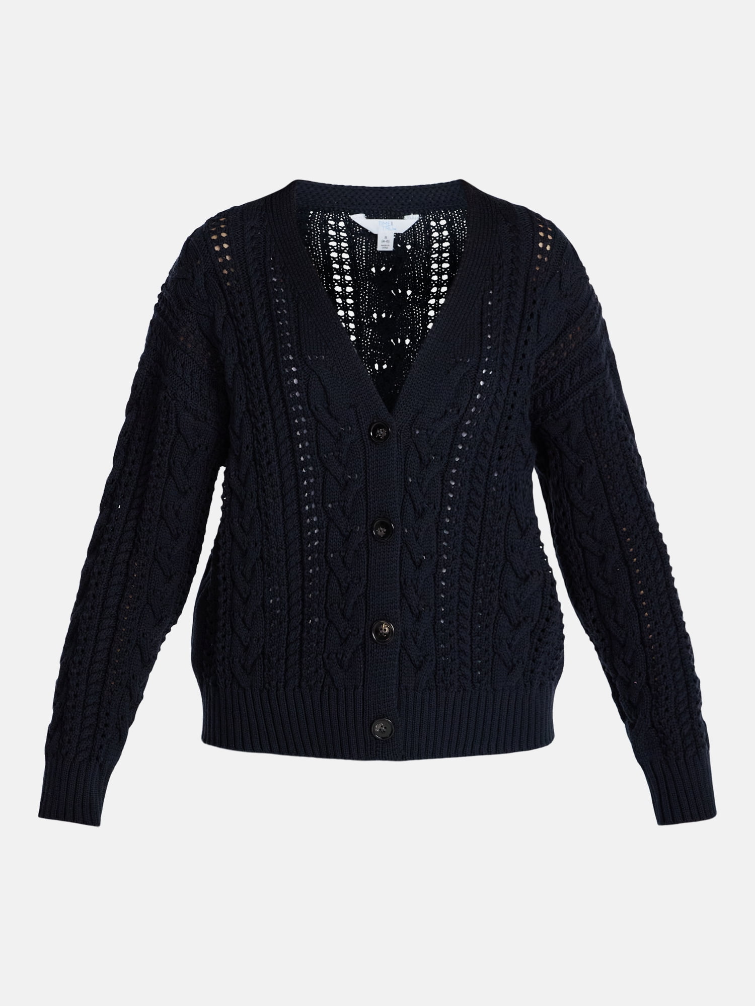 Time and Tru Women's Cable Knit Cardigan Sweater, Lightweight, Sizes XS-XXXL