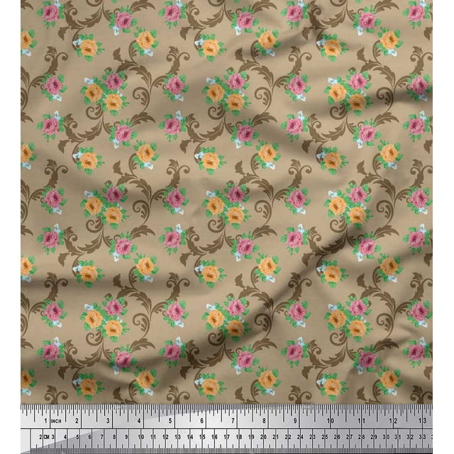 Soimoi Tissu en Voile de Coton Imprimé Tourbillon, Feuilles & Roses au Mètre 42 Pouces de Large