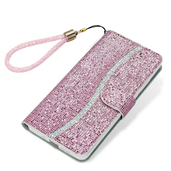 Mantto Case for Samsung S9 Plus, Girly Bling Glitter Card/Credit Slot Wallet Case, Magnetic Wrist Hand Strap Shockproof Flip Stand PU Leather Shell For Samsung Galaxy S9 Plus, Pink