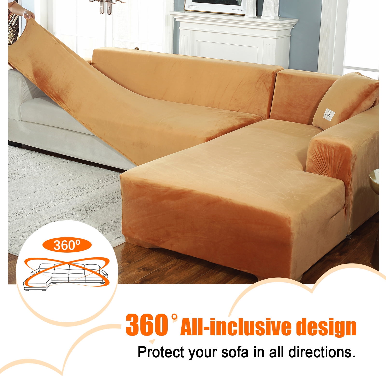 Eurhowing Velvet L-Shaped Sectional Sofa Cover with 4 Pillowcases, Stretch Soft Couch Slipcovers 3 Seater+4 Seater, Sofa Furniture Protector, Orange