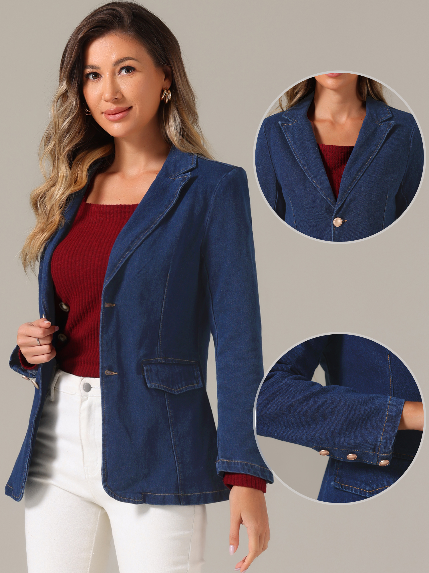 DARING DIVA Women's Notched Lapel Denim Blazer Work Pad Jean Jackets S Dark Blue