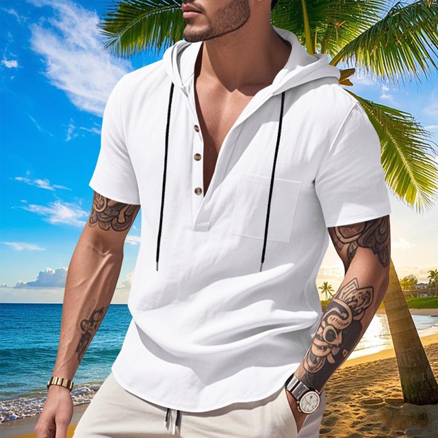 pstuiky camisetas de hombre, Camisa informal de lino de verano de color liso para hombre, manga corta, cuello alto, botones y bolsillos ropa de hombre xl