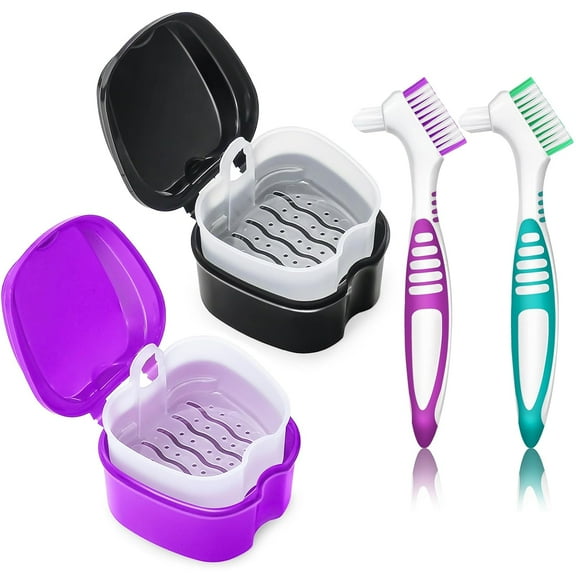 2 Pack Partial Denture Bath Case Retainer Cleaning Case for Travel, Denture Storage Container False Teeth Case Denture Cups for Soaking Full Dentures,Braces,Mouth Guard, with 2 Hard Denture Brushes